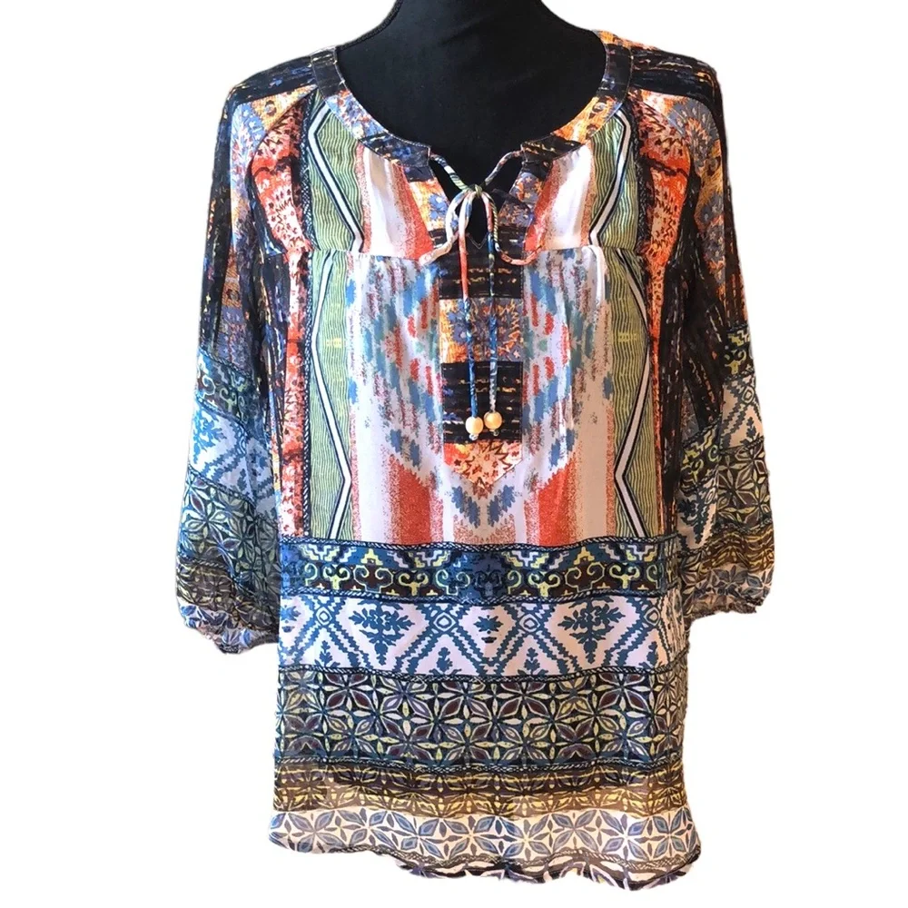 FIGUEROA&FLOWER TIE FRONT SHEER BOHO BLOUSE MULTICOLORED SIZE MEDIUM